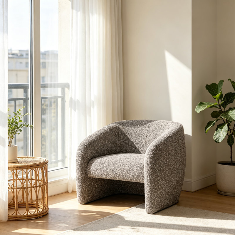 Fauteuil d'appoint en tweed gris avec accoudoirs rembourrés intégrés et incurvés