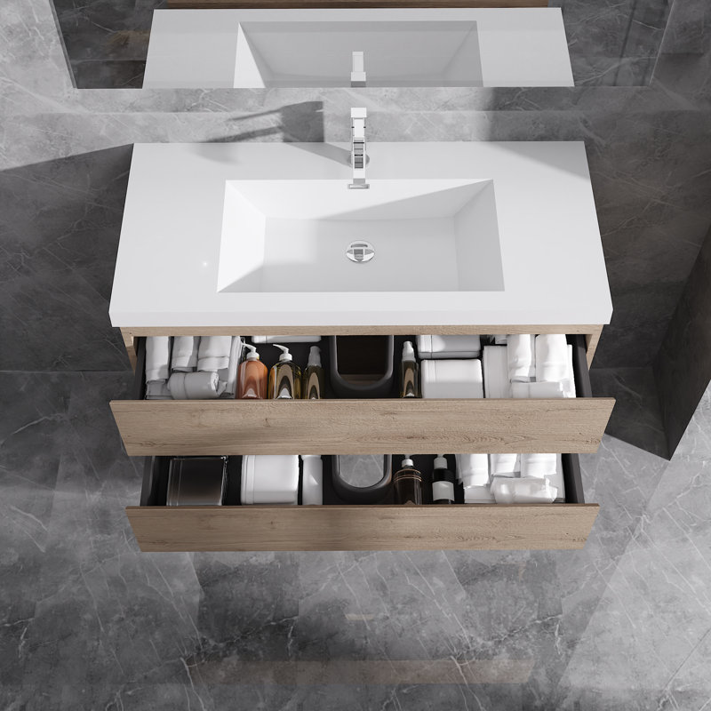 Dhruven 42 Inch Fully Assembled Single Floating Bathroom Vanity With Solid Surface Sink, Nature Oak