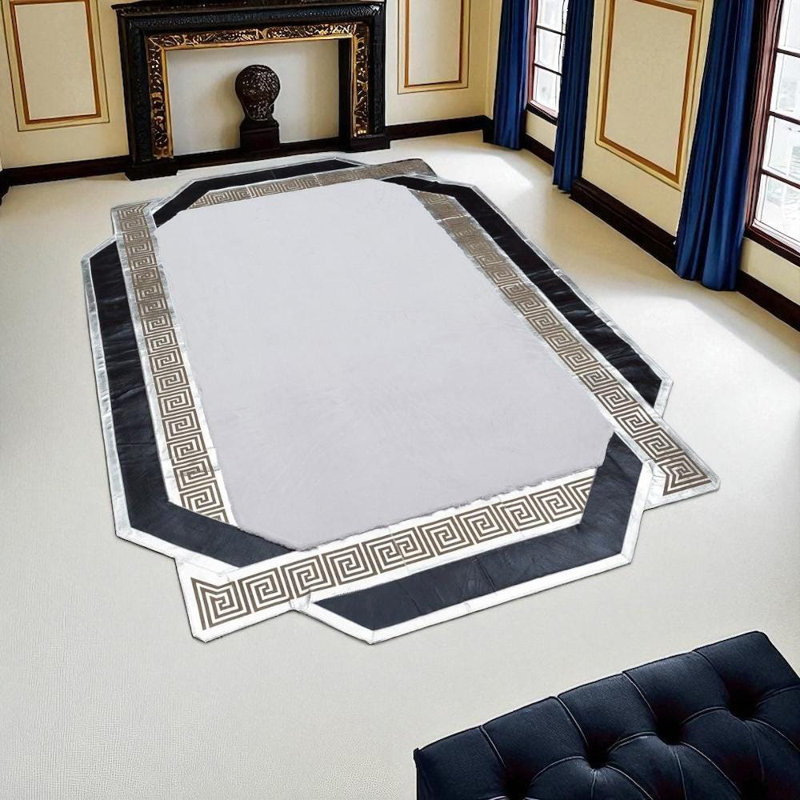 Tapis irrégulier blanc et noir moelleux, tapis en fourrure douce de taille personnalisée, tapis à poils longs à bordure grecque, tapis antidérapant de 9,5 pi x 13,5 pi