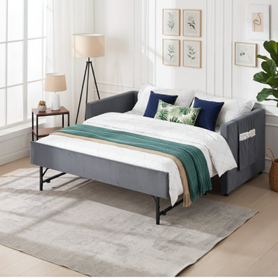   84" Wide Upholstered Daybed with Twin Trundle - V-Grained Velvet Sofa Bed with USB Charging and Storage Pockets