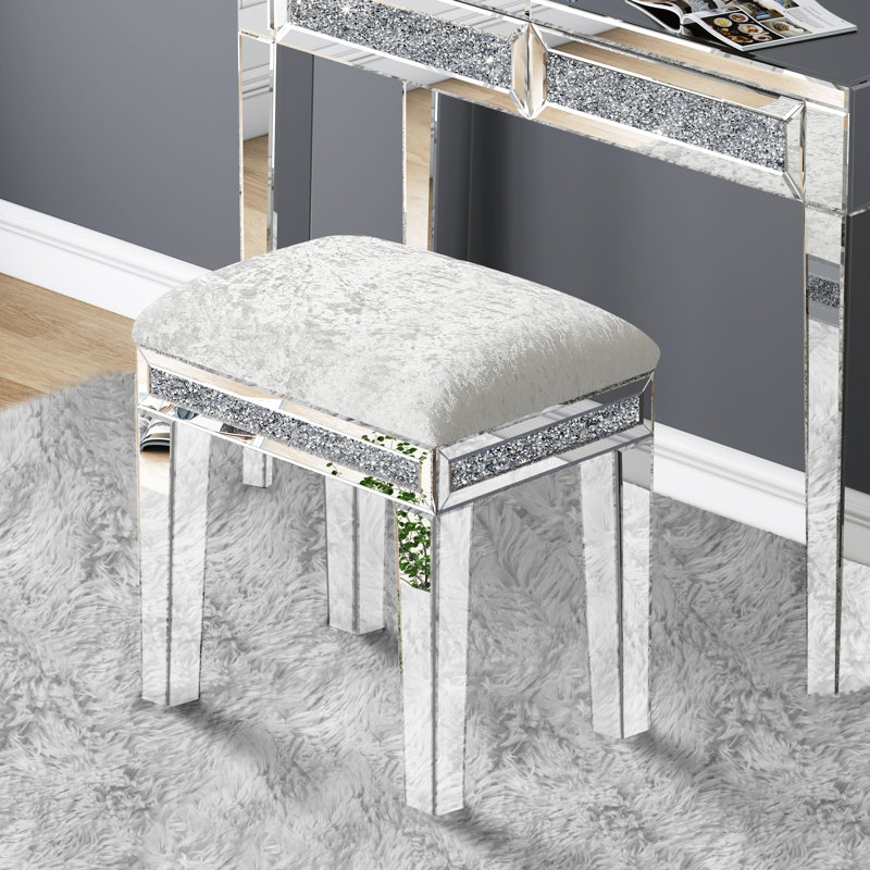 Mikayil Glass Mirrored Accent Stool Diamonds Vanity Stool, Pearl White