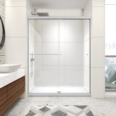 56-60" W X 72" H Double Sliding Shower Door, Framed Shower Glass Door with 1/4" (6mm) Clear Tempered Glass, Chrome Finish Shower Doors with Towel Bar, Reversible Installation