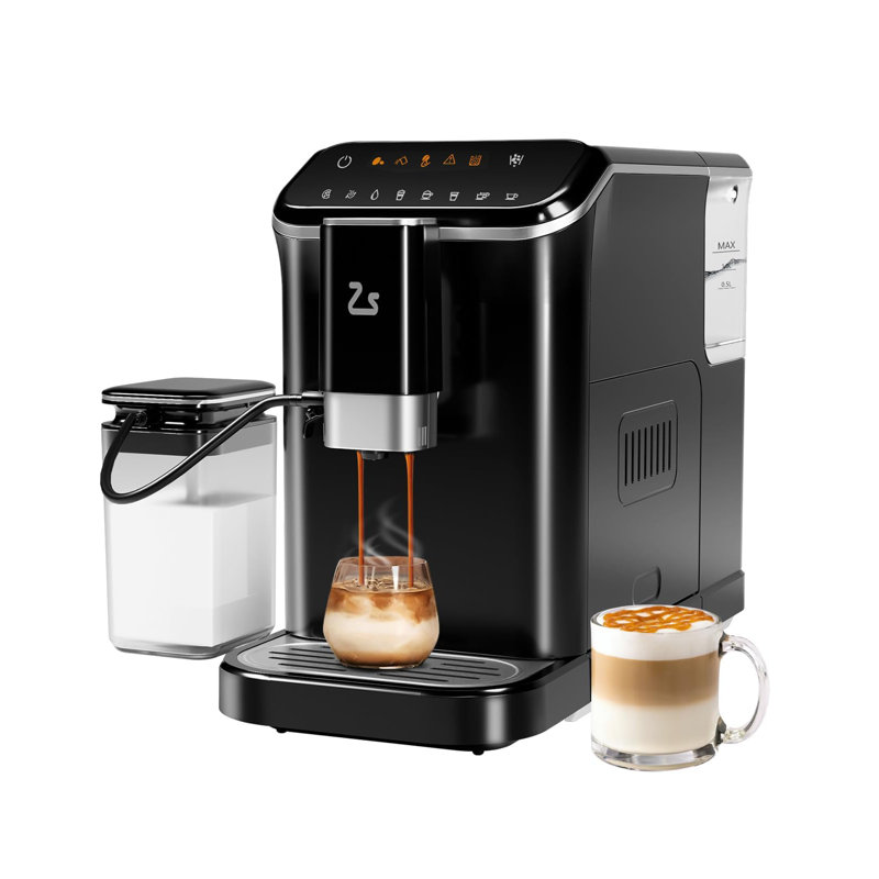 Machine à espresso entièrement automatique - Cafetière à écran tactile avec moulin intégré et mousseur à lait automatique, réservoir de 1,5 L, chauffage à deux chaudières, pour café au lait et cappuccino (noir / argent, 1350 W, 120 V)