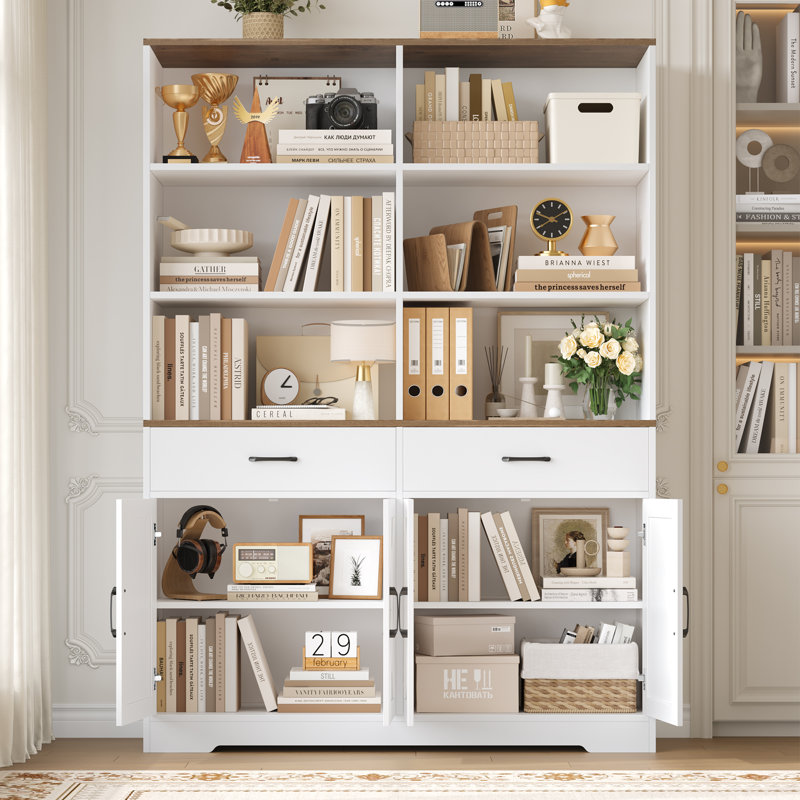 Bibliothèque de rangement 69 po avec portes et tiroirs 69 po, Blanc / Brun
