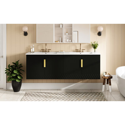 Meuble-lavabo de salle de bain 30 po avec lavabo simple en céramique et 3 trous, fabrication en bois massif, quincaillerie de corrosion, fixation murale pour lavabo moderne à trous séparés de 60 po, extérieur à rayures minimalistes, réglable