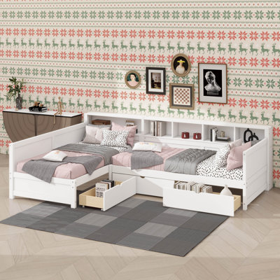Wooden Twin-Size L-Shaped Daybed Frame For Dual Occupancy, Includes 3 Storage Drawers And A Bookshelf
