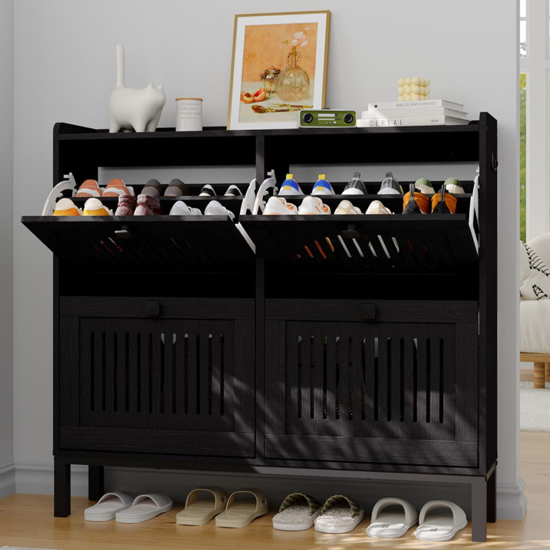 4-Door Flip Shoe Cabinet with Adjustable Shelves, Hidden Entryway Storage Organizer, Wooden Shoe Rack, Black
