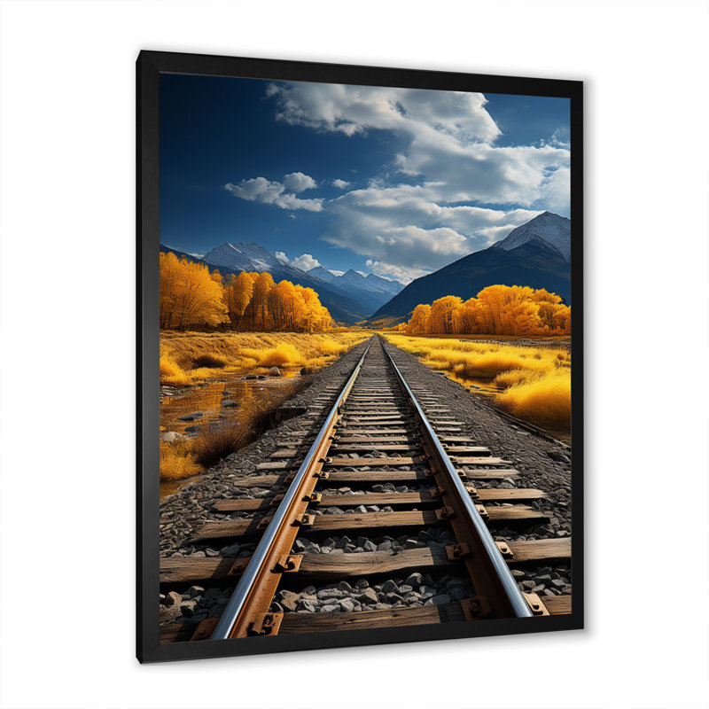 Rail Track Through Yellow Prairies - Modern Wall Decor, Cadre photo noir, H 20 po x l 12 po x P 1 po