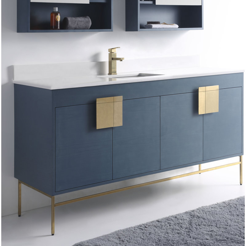 Ensemble de meuble-lavabo simple 60 po Maisie, Laiton satiné, Bleu français