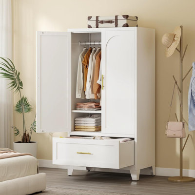 Armoire-penderie 60 po en acier avec 2 portes, tringle, 1 tablette ajustable et 1 tiroir pour la chambre à coucher ou le vestibule, blanc