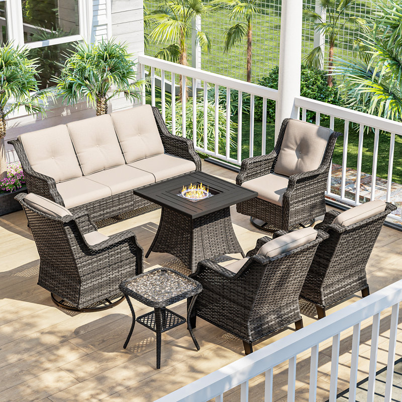 Ensemble de conversation pour 7 personnes avec foyer et coussins, Beige