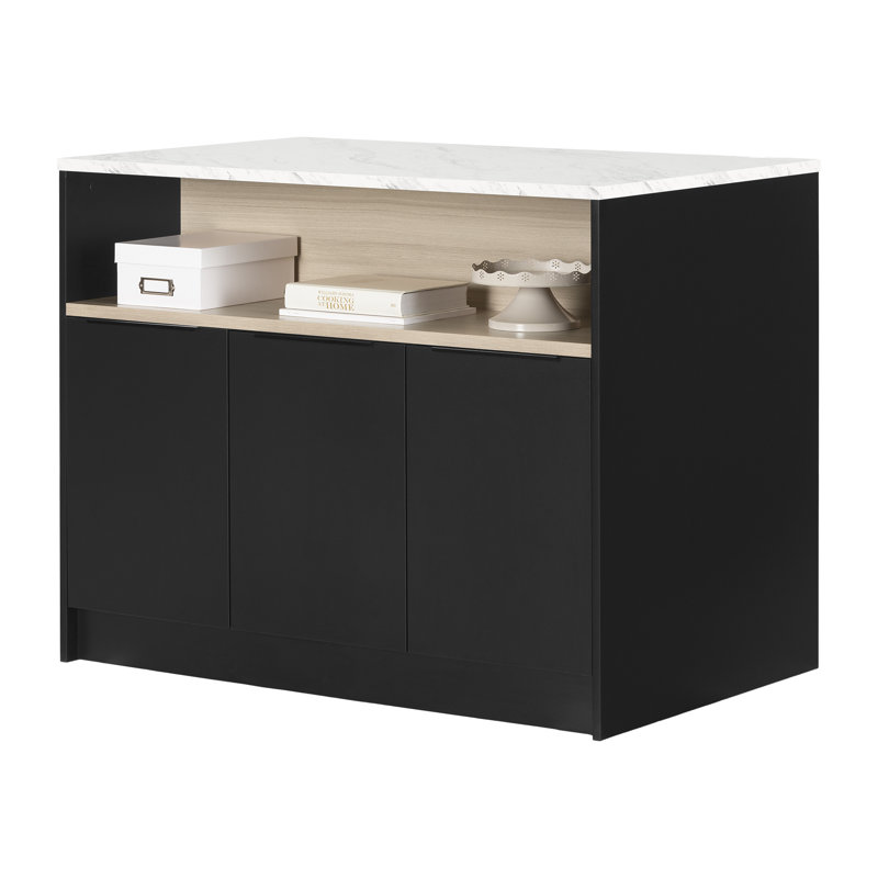 Olio Kitchen Island Matte Black and Faux White Marble