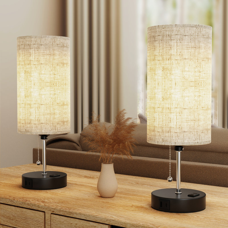 Table Lamp for Bedroom with AC Outlet and USB Ports,3 Color Tempreture Pull Chain Control 15" Beige Shade Bedside Lamp for Bedroom,Living Room,Bulbs Included