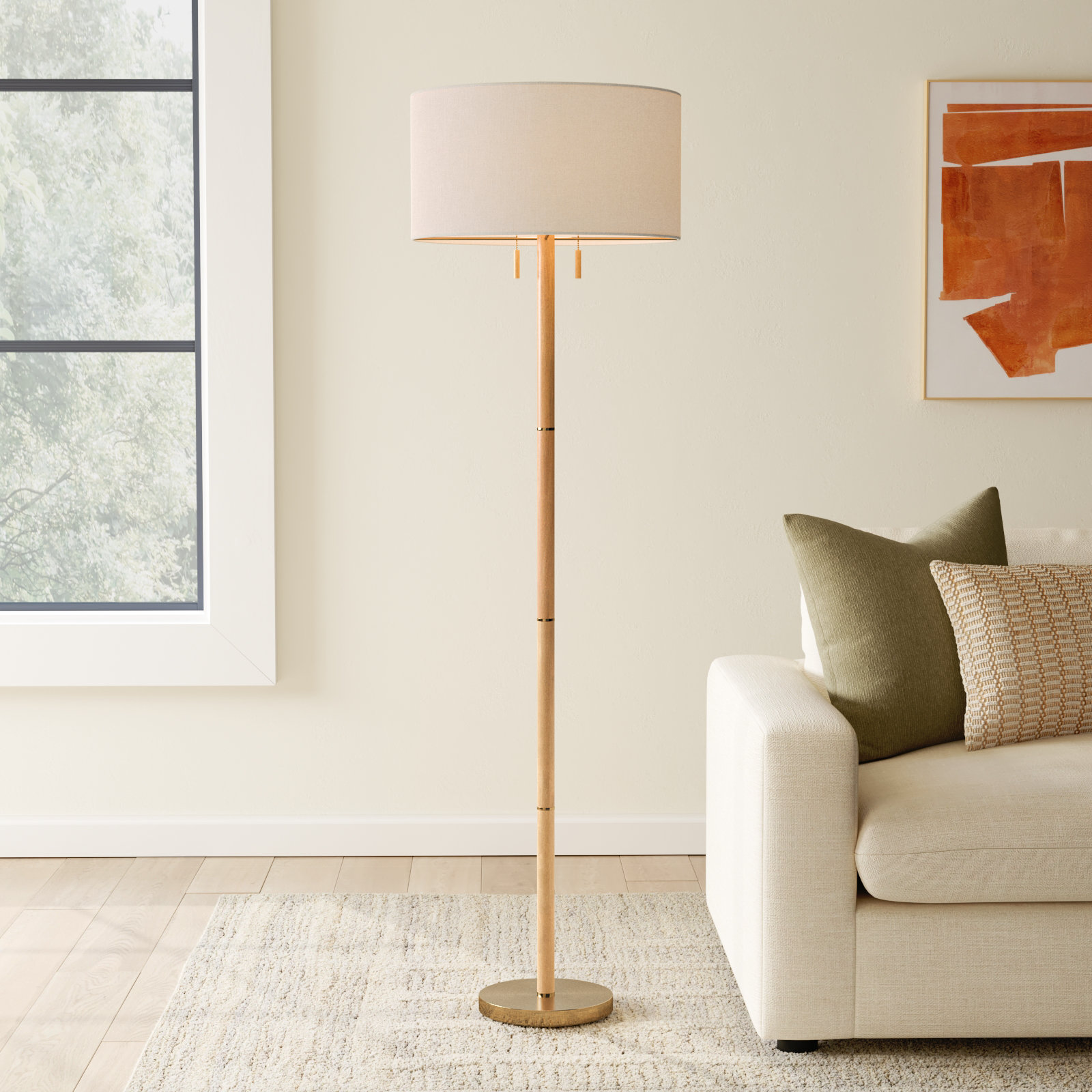 Geno 66.25'' Solid Wood Floor Lamp, Off-White, Natural/Antique Brass