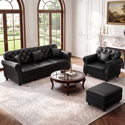 3-Piece Mid-Century Modern Chesterfield Living Room Set Upholstered Faux Leather Furniture Set
