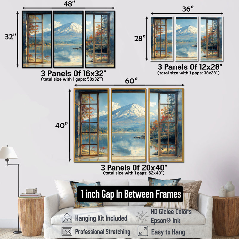 «White Winter Mount», ensemble d'art mural japonais, Toile avec cadre flottant noir, H 28 po x l 36 po x P 1 po