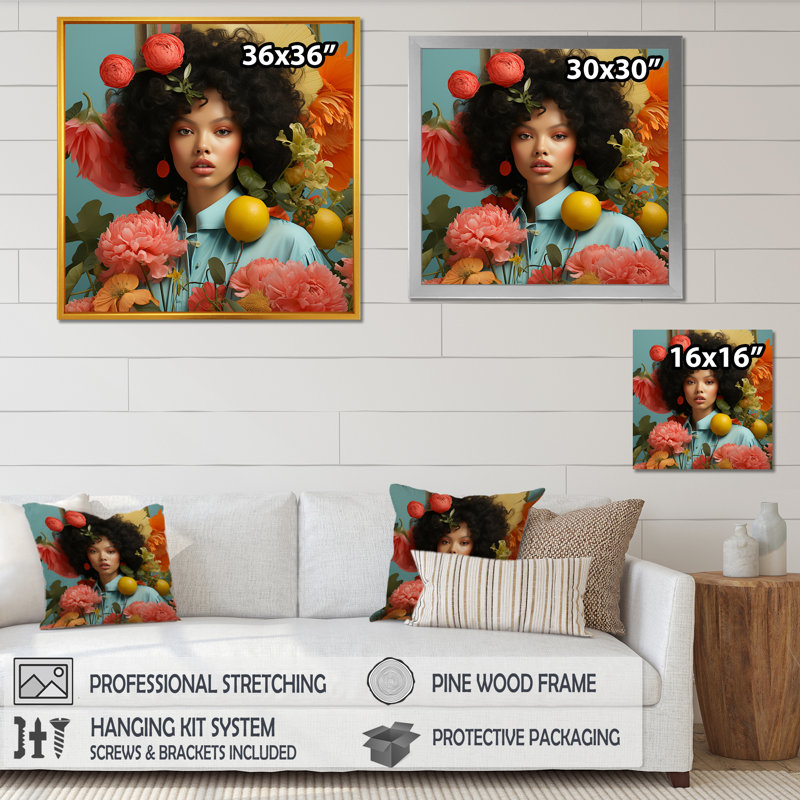 Art africain d'une femme afro-américaine, couture tropicale II, Cadre flottant doré, H 30 po x l 30 po x P 1,5 po
