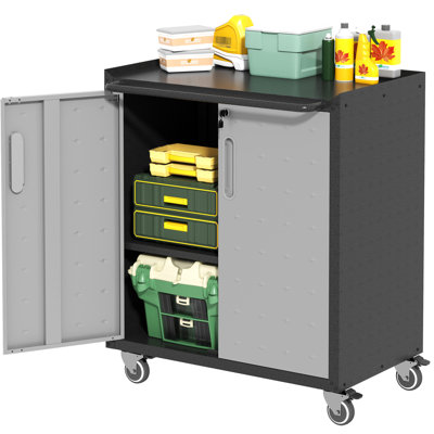 Metal Storage Cabinet With Rolling Wheels - Versatile For Various Spaces. , Adjustable, Rust-. Black + Gray. 29.68"W X 16.35"D 34.53"H Heavy-Duty Portable Garage & Practical. Adjustable Shelves, And
