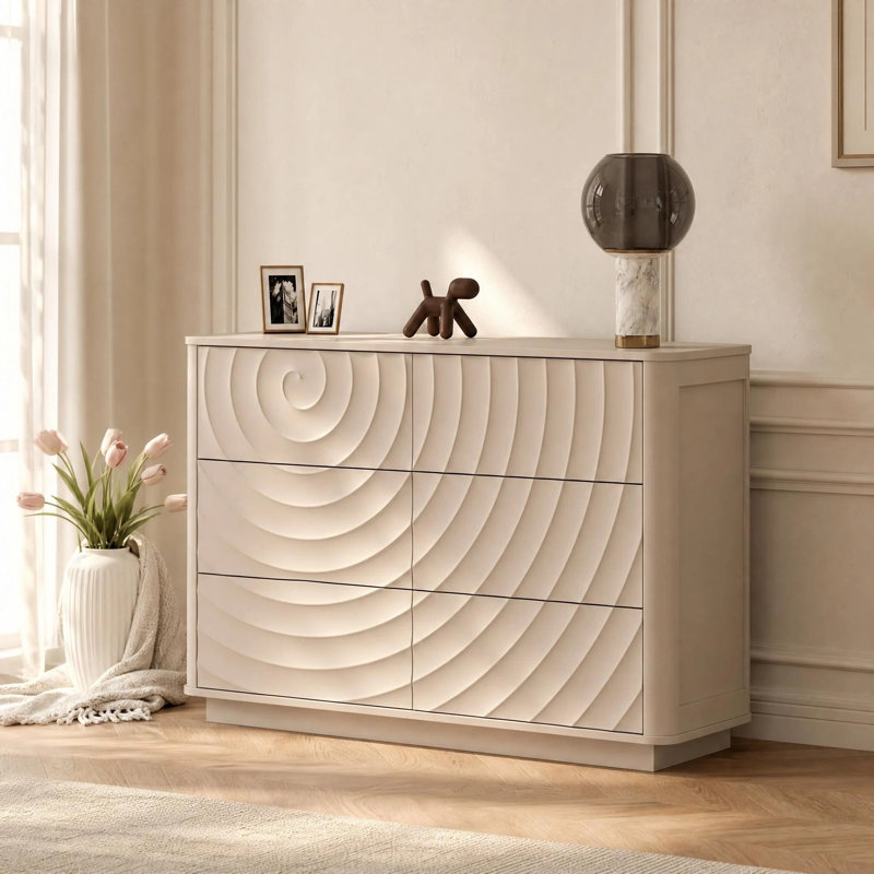 Grande commode moderne de 46,5 po de largeur, 6 tiroirs avec poignée et rangement ondulé, rangement en bois pour vêtements