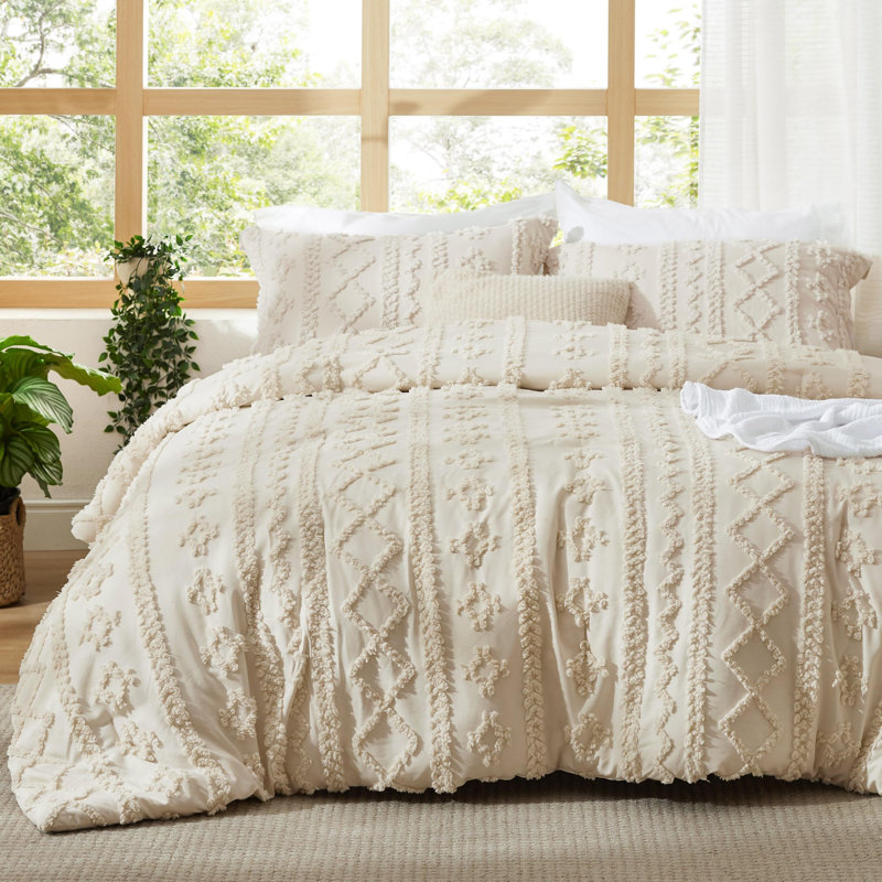 Ensemble de literie Boho, Beige, Housse de couette et insert pour grand lit + 2 tai
