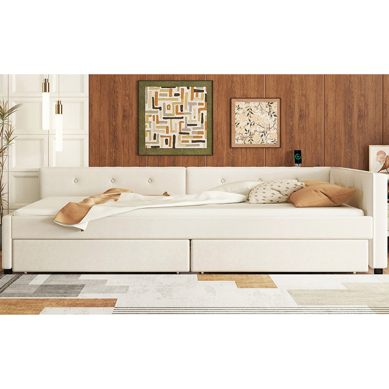 Lit rembourré beige avec 2 solutions de rangement à 2 tiroirs pour une organisation élégante d'étagères de port, Lit double