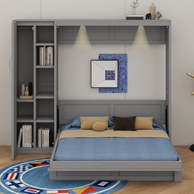 Grand lit escamotable mural grand format - tablettes, garde-robe et lumières DEL incluses