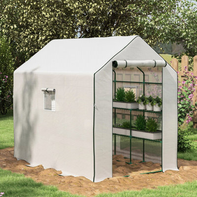 Serre portative 4,6 pi x 4,7 pi, avec ou sans pluie, avec tablettes à 2 niveaux, blanc, extérieur, jardin, patio