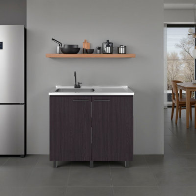 Napoles Utility Sink Complete With Faucet, Freestanding Base With Legs And Deep Stainless Steel Basin, Modern Multi-Purpose Sink For Kitchen, Laundry Or Utility Room, Black + Dark Walnut