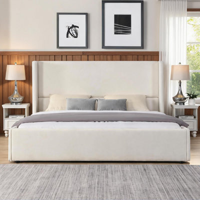Upholstered King Size Bed Frame, Elegant Statement Tall Wingback Headboard, Soft Fabric, Crisp White