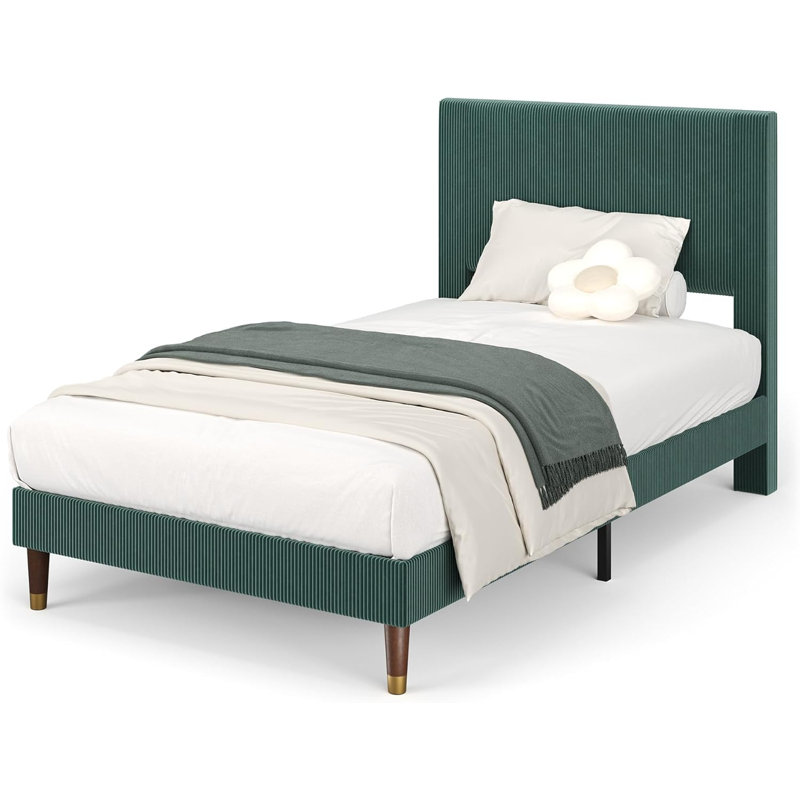 Structure de lit simple tapissier, tête de lit en tissu, structure en métal avec lattes de bois, taille simple, utilisation dans une chambre à coucher moderne, vert foncé