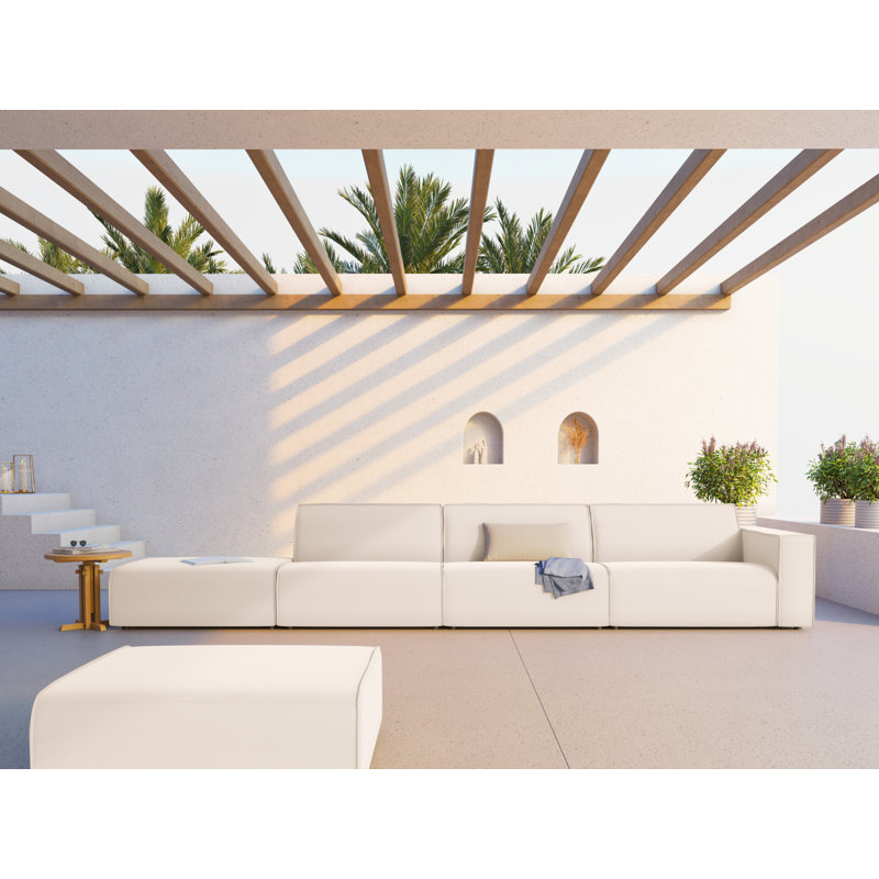 384cm Wide Wood Patio Sofa with Cushions, Light Beige
