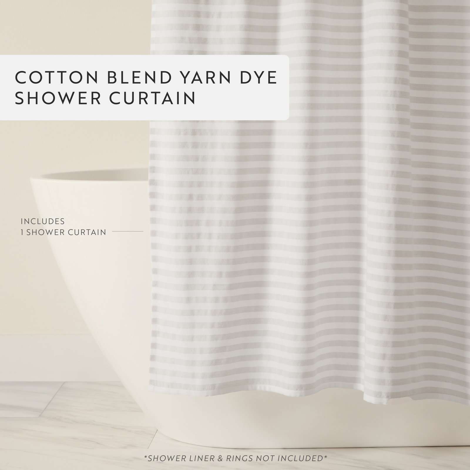 Cotton Blend Shower Curtain, Gray Striped