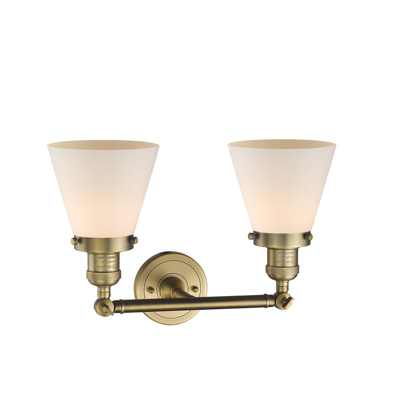 Éclairage de meuble-lavabo inclinable 2 lumières Cone, Boîtier blanc mat, Ampoule à DEL rétro de 6 watts, Laiton brossé