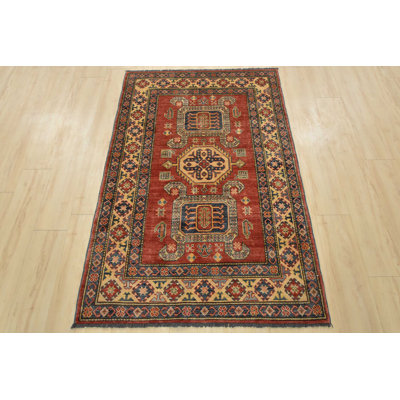 Tapis oriental rouge en laine noué à la main 3 pi 8 po x 5 pi Kazak Kazak