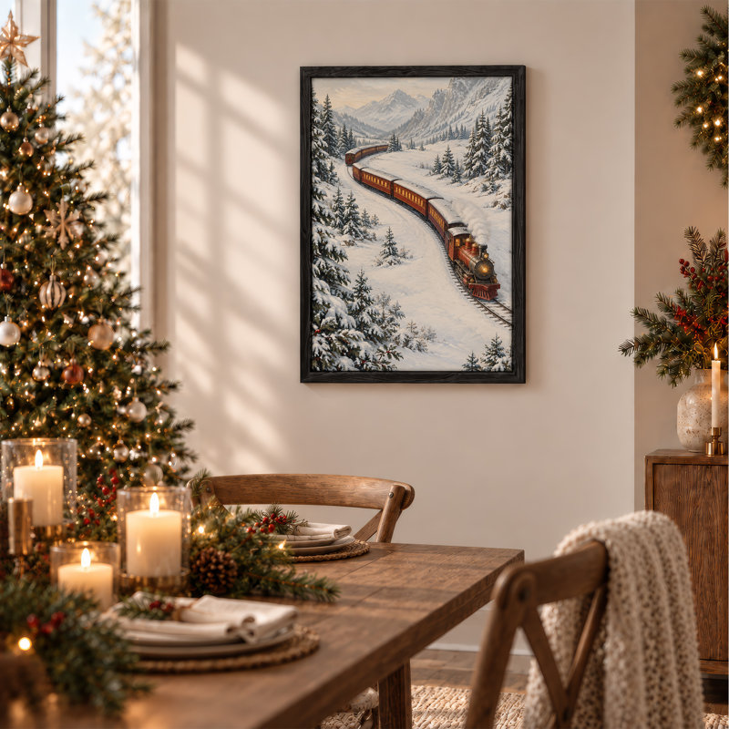" Red Steam Train Winding Through Snowy Pine Forest Christmas ", 48"H x 32"W
