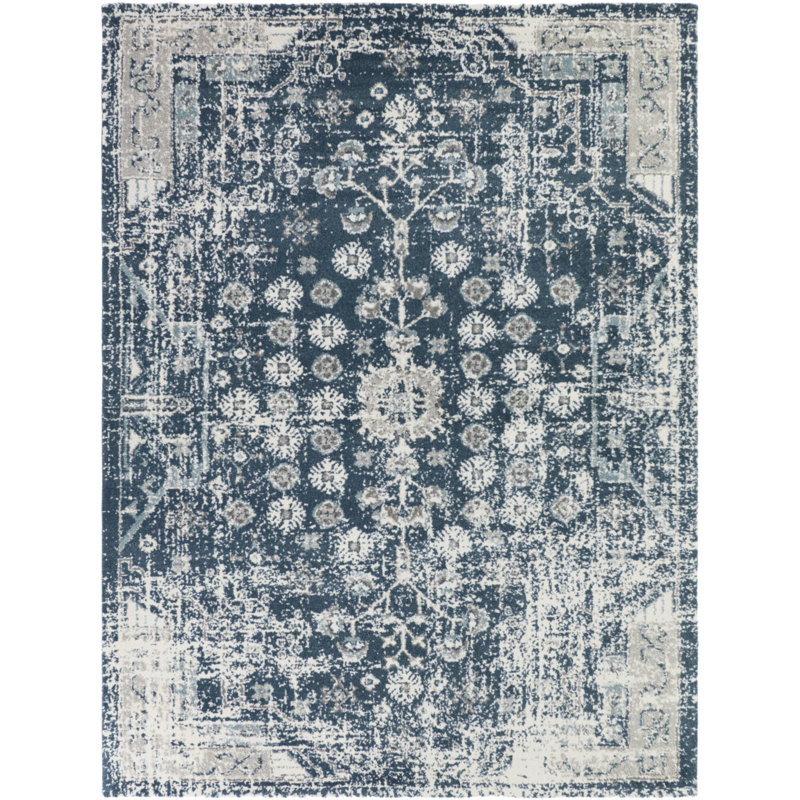 Tapis bleu délavé traditionnel Bastian, Rectangle 5 pi 3 po x 7 pi