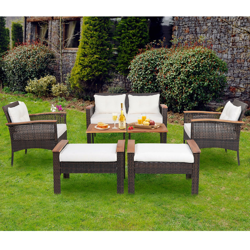 Gymax Acacia Wicker 6 - Person Patio Conversation Set with Cushions