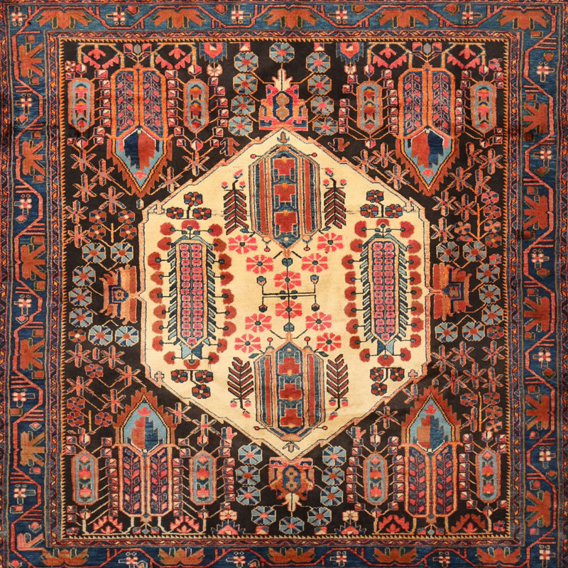 Tapis traditionnel beige / bleu / rose, Carré 5 pi