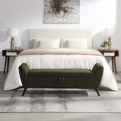 Banc de rangement moderne de 152 cm avec pieds en bois de style années 50, idéal pour le salon et la chambre, confortable et rembourré - Vert olive Teddy