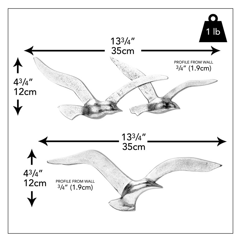 Ensemble de décoration murale oiseaux volants, Argent, H 4,75 po x l 13,75 po x P 0,75 po