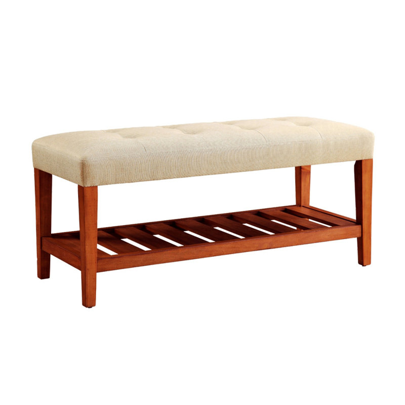 Warwickshire Wood Upholstered Storage Bench with Slatted Shelf, Beige, Walnut