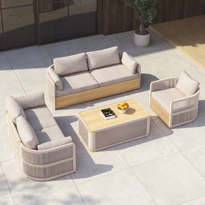 4-Pieces Modern Aluminum & Rope Outdoor Swivel Sofa Set With Coffee Table In Khaki For 6 by Hokku Designs