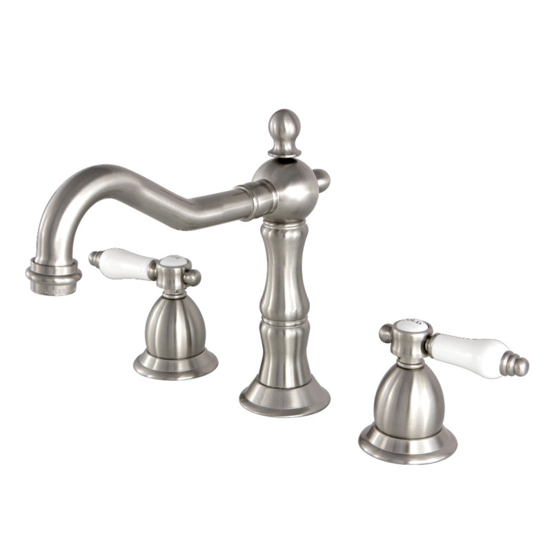 Kingston Brass Bel-Air Two-Handle 3-Hole Deck Mount Widespread Bathroom Faucet with Brass Pop-Up Drain, Brushed Nickel
