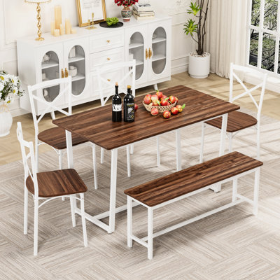 Repas en noyer foncé 6, parfait pour le salon et les repas de famille, utilisation durable en acier de haute qualité, chaises avec dossier incliné, table à couverts, quatre bancs, processus d'assemblage simple