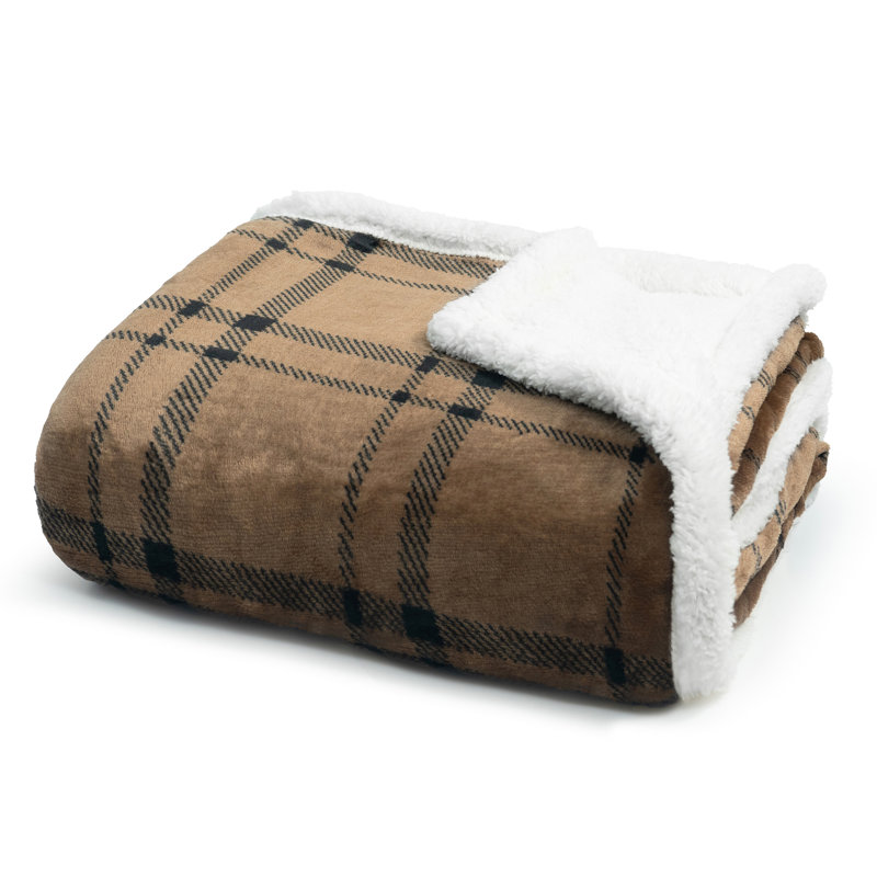 Jeté en molleton et revers Sherpa Americanflat - 50 x 60 pouces à carreaux Tattersall Classic - Housse de canapé confortable ultra douce - Conception réversible chaleureuse - Brun