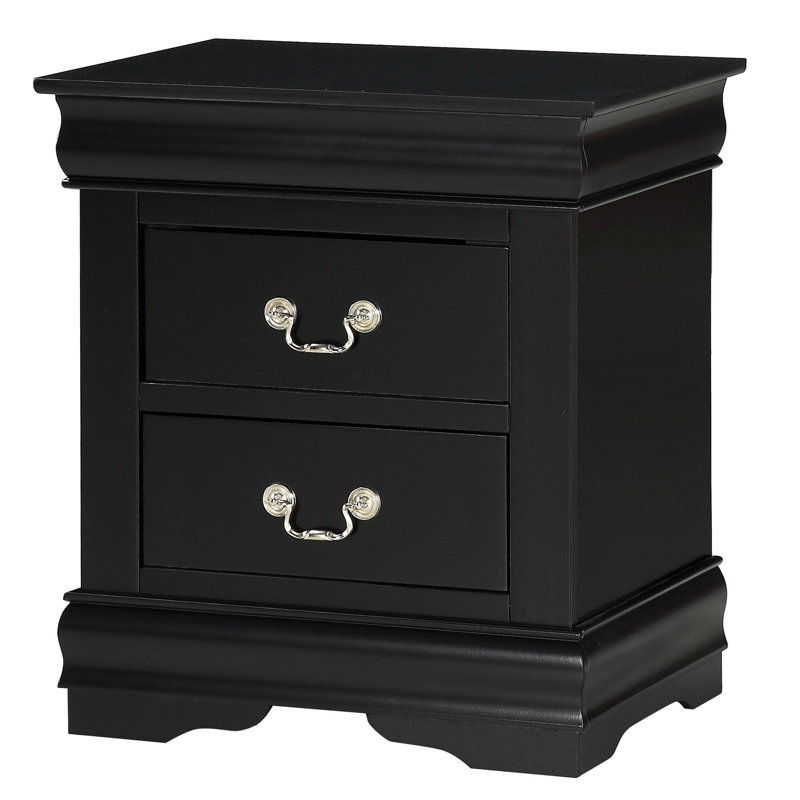 1Pc Black Finish Two Drawers Louis Philip Nightstand Solid Wood Contemporary & Simple Style, Black
