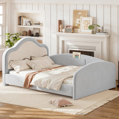 Lit double rembourré avec tête de lit double, lit d'enfant rembourré avec rails latéraux de sécurité et poche de rangement, lit de jeu pour chambre d'enfant, gris clair
