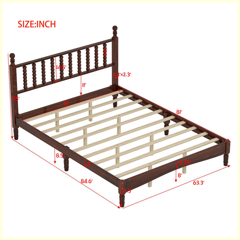 Queen Size Wood Platform Bed with Gourd Shaped Headboard,Retro Style Platform Bed with Wooden Slat Support, Walnut