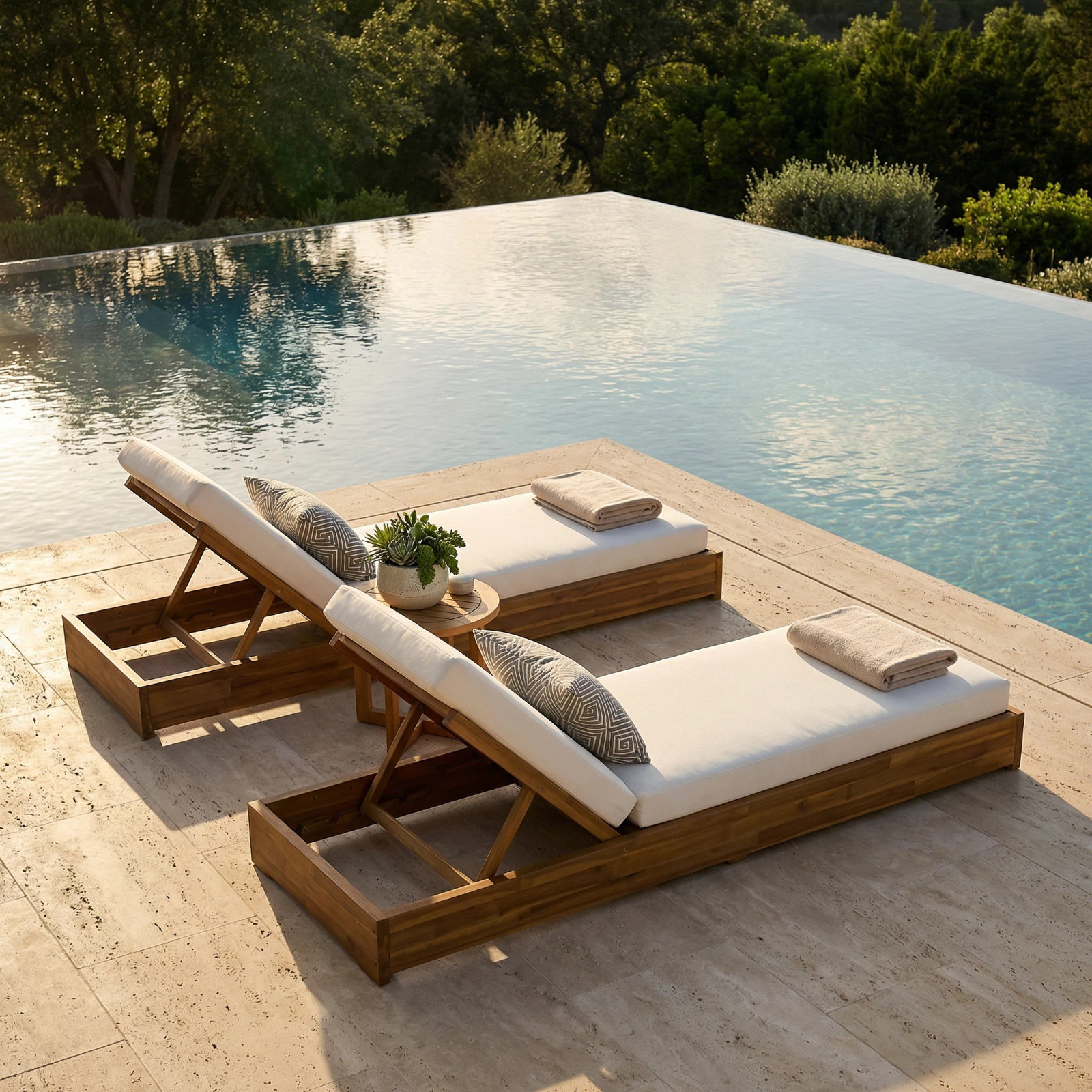 Donnie 30" Acacia Patio Chaise Lounge Set, Cream Cushion/Teak Frame, Set of 2