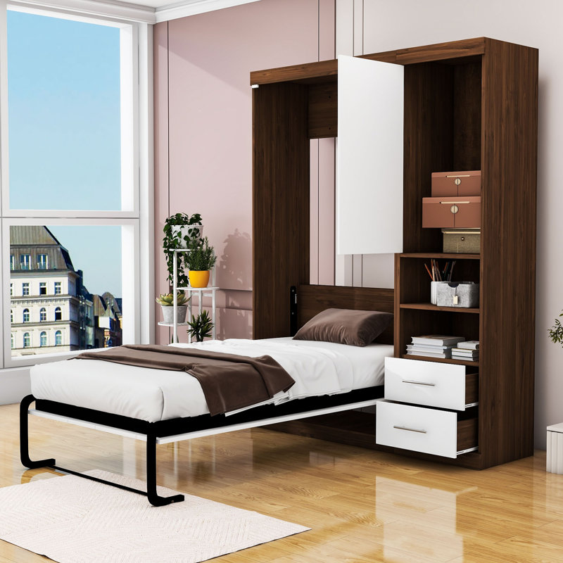 Lit escamotable avec tablettes de rangement et tiroirs Lotshaw, Simple